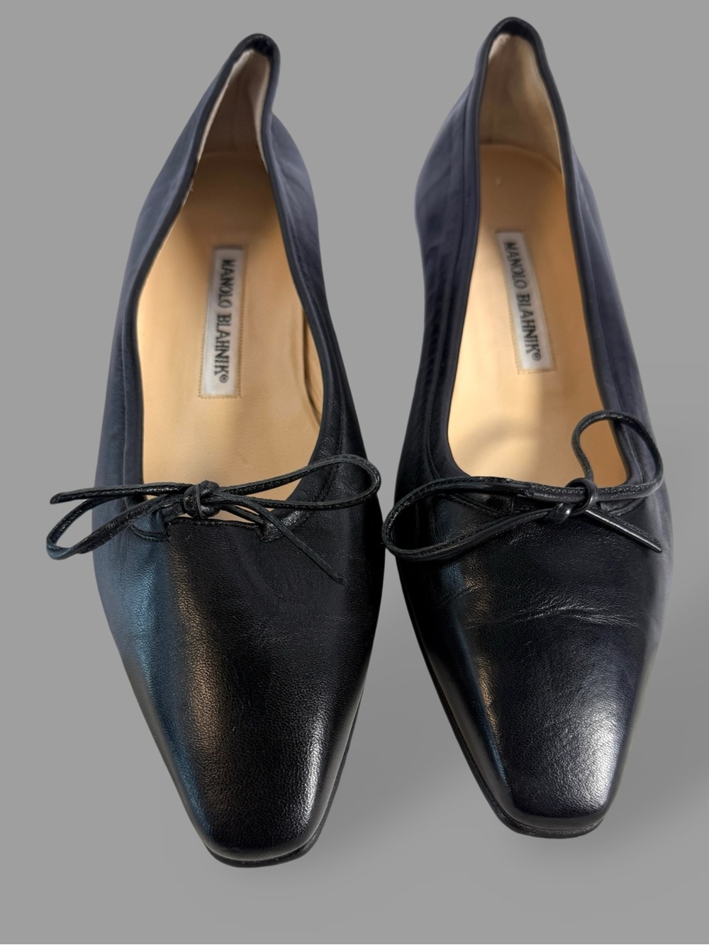 Manolo Blahnik Black Leather Square-Toe Ballet Bow Flats